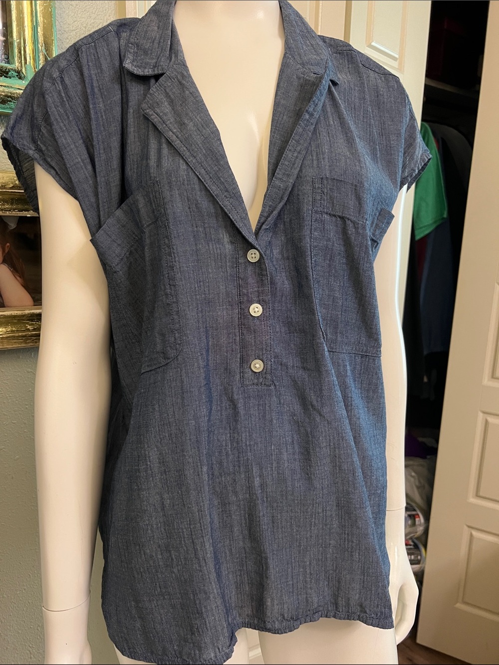 #EE Blue Chambray Short-Sleeve Shirt Dress